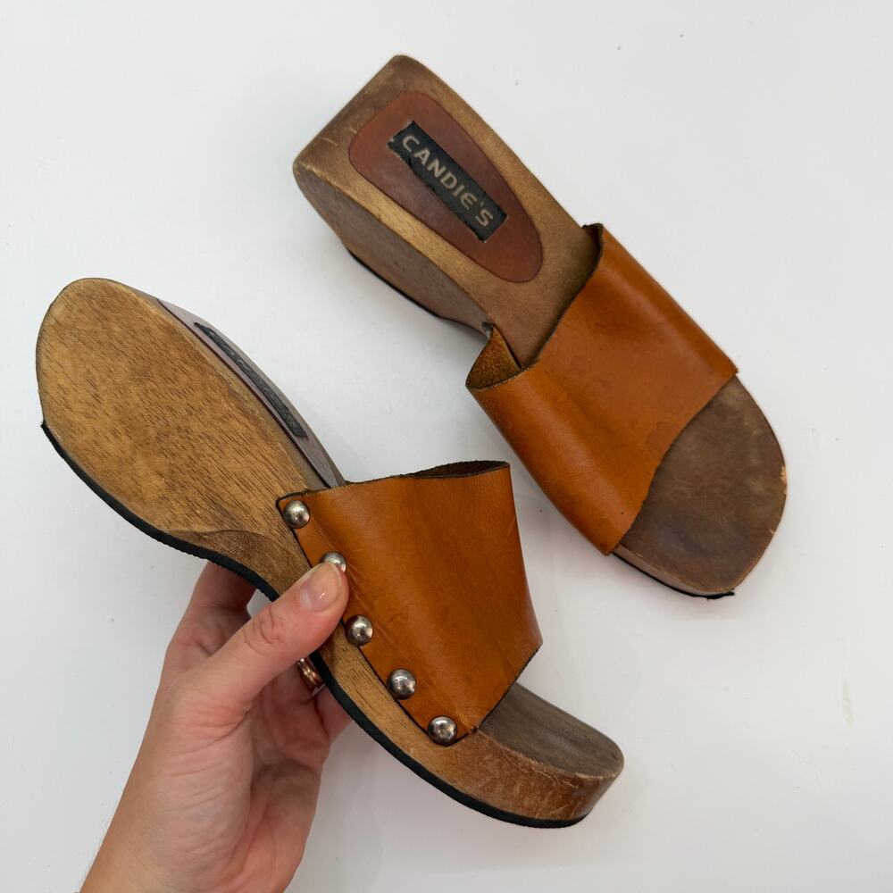 Vintage Y2K 2000s Candie's Leather Wood Clog Sandal 8